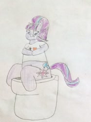 Size: 772x1034 | Tagged: safe, artist:snipiper, starlight glimmer, pony, unicorn, g4, but why, dialogue, fart, female, implied farting, implied pooping, mare, sitting on toilet, solo, story included, toilet, traditional art