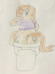 Size: 772x1034 | Tagged: safe, artist:snipiper, oc, oc only, oc:backy, earth pony, pony, but why, female, implied pooping, mare, singing, sitting on toilet, solo, toilet, traditional art