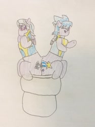 Size: 772x1034 | Tagged: safe, artist:snipiper, cloudchaser, flitter, pegasus, pony, g4, but why, fart, female, implied farting, implied pooping, mare, sitting on toilet, toilet, traditional art