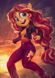 Size: 850x1200 | Tagged: safe, artist:assasinmonkey, sunset shimmer, equestria girls, g4, my little pony equestria girls: better together, cute, digital painting, female, geode of empathy, magical geodes, music festival outfit, open mouth, ponied up, shimmerbetes, solo, sun, sunset, sunshine shimmer