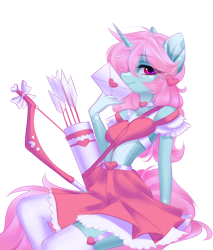 Size: 1784x2097 | Tagged: safe, artist:shenki, oc, oc only, oc:scoops, unicorn, anthro, anthro oc, arrow, blaze (coat marking), bow, bow (weapon), bow and arrow, clothes, coat markings, cute, envelope, facial markings, female, fishnet stockings, freckles, garter belt, heart, holiday, horn, looking at you, mare, markings, pale belly, quiver, simple background, sitting, skirt, solo, stockings, thigh highs, transparent background, valentine's day, valentine's day card, weapon