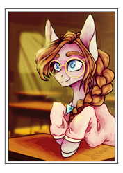 Size: 1600x2263 | Tagged: safe, artist:aineveri, artist:ashen-soul, oc, oc only, oc:anne marie, pony, braid, clothes, crepuscular rays, female, glasses, mare, smiling, solo, sweater, wingding eyes