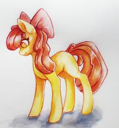 Size: 1024x1105 | Tagged: safe, artist:aineveri, artist:ashen-soul, apple bloom, earth pony, pony, g4, blank flank, female, filly, looking down, simple background, smiling, solo, traditional art, white background
