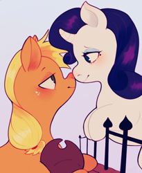 Size: 540x660 | Tagged: safe, artist:digitalsnail, applejack, rarity, earth pony, pony, unicorn, g4, blushing, boop, cowboy hat, curved horn, female, gray background, hat, horn, lesbian, mare, noseboop, nuzzling, ship:rarijack, shipping, simple background