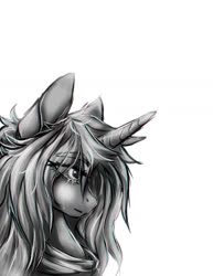 Size: 1024x1323 | Tagged: safe, artist:aineveri, artist:ashen-soul, oc, oc only, pony, unicorn, bust, clothes, crying, eye clipping through hair, female, grayscale, mare, monochrome, profile, redraw, scarf, simple background, solo, white background
