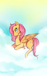 Size: 1929x3109 | Tagged: safe, artist:jiinxi, fluttershy, pegasus, pony, g4, blushing, cloud, cutie mark, ear fluff, female, looking at you, mare, no pupils, sky, solo, speedpaint