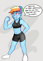 Size: 2508x3541 | Tagged: safe, alternate version, artist:anon_1515, rainbow dash, human, equestria girls, g4, my little pony equestria girls: better together, abs, abstract background, alternate hairstyle, beautiful, belly button, blue skin, bra, clenched fist, clothes, delicious flat chest, dialogue, explicit source, eyebrows, female, flexing, gym shorts, high res, humanized, legs, looking at you, muscles, muscular female, ponytail, rainbow flat, rainbuff dash, sexy, shoes, shorts, smiling, speech bubble, sports bra, spread legs, underwear