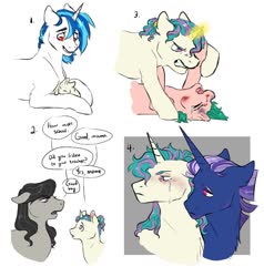 Size: 1280x1346 | Tagged: safe, artist:dolliewings, oc, oc:fabio, oc:hanky, oc:noteworthy, earth pony, pony, unicorn, blood, blushing, bruised, colt, crying, female, fight, floppy ears, glowing horn, horn, magical lesbian spawn, male, mare, mother and child, mother and son, next generation, offspring, parent:fluttershy, parent:octavia melody, parent:pinkie pie, parent:tempest shadow, parent:twilight sparkle, parent:vinyl scratch, parents:flutterpie, parents:scratchtavia, parents:tempestlight, simple background, speech, speech bubble, stallion, stern, story included, white background