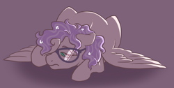 Size: 1000x502 | Tagged: safe, artist:dolliewings, oc, oc only, pegasus, pony, floppy ears, frown, glasses, lidded eyes, prone, purple background, sad, simple background, solo, spread wings, tired, vent art, wings