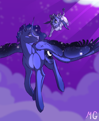 Size: 1586x1933 | Tagged: safe, artist:dolliewings, princess luna, oc, oc:moonshine, alicorn, hybrid, pony, g4, child, cloud, crepuscular rays, cutie mark, duo, ethereal mane, female, flying, flying lesson, happy, interspecies offspring, looking back, looking over shoulder, male, mare, mother and child, mother and son, night, offspring, open mouth, parent:discord, parent:princess luna, parents:lunacord, smiling, spread wings, starry mane, starry wings, stars, wings