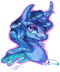 Size: 5631x6800 | Tagged: safe, artist:angusdra, oc, oc only, pony, unicorn, absurd resolution, bust, curved horn, horn, jewelry, licking, licking lips, necklace, simple background, slit pupils, solo, tongue out, traditional art, transparent background