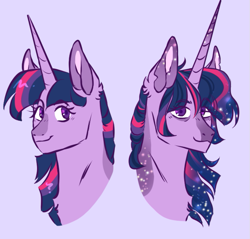 Size: 749x715 | Tagged: safe, artist:dolliewings, twilight sparkle, pony, g4, alternate hairstyle, blaze (coat marking), bust, chest fluff, coat markings, ear fluff, ethereal mane, eye clipping through hair, facial markings, female, horn, long horn, looking at you, mare, older, older twilight, purple background, simple background, smiling, solo, starry mane