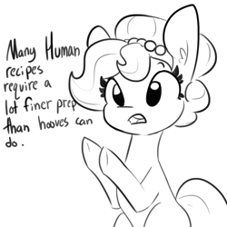 Size: 1080x1080 | Tagged: safe, artist:tjpones, part of a set, oc, oc only, oc:brownie bun, earth pony, pony, comic, dialogue, female, mare, monochrome, open mouth, pearl, simple background, solo, underhoof, white background