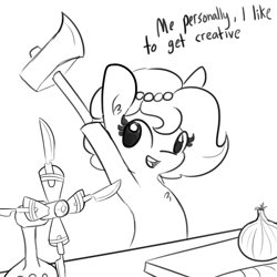 Size: 1080x1080 | Tagged: safe, artist:tjpones, part of a set, oc, oc only, oc:brownie bun, earth pony, pony, axe, black and white, chest fluff, comic, dialogue, fan, female, food, grayscale, knife, knife fan, lineart, looking at you, mare, monochrome, onion, open mouth, pearl, simple background, solo, this will end in death, this will end in fire, this will end in tears, this will end in tears and/or breakfast, this will end in tears and/or death, this will not end well, weapon, white background, xk-class end-of-the-kitchen scenario