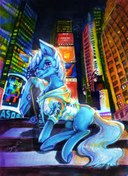 Size: 2927x4000 | Tagged: safe, artist:angusdra, oc, oc only, pony, unicorn, city, clothes, glasses, hoodie, night, skateboard, skyscraper, solo, traditional art