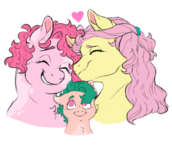 Size: 950x800 | Tagged: safe, artist:dolliewings, edit, fluttershy, pinkie pie, oc, oc:hanky, pony, g4, alternate hairstyle, bust, chest fluff, coat markings, colt, cropped, dappled, eyes closed, female, floppy ears, grin, heart, lesbian, magical lesbian spawn, male, mare, no pupils, nuzzling, offspring, parent:fluttershy, parent:pinkie pie, parents:flutterpie, ship:flutterpie, shipping, short hair, smiling