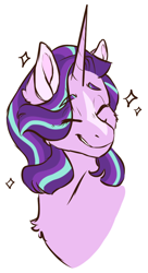 Size: 600x1100 | Tagged: safe, artist:dolliewings, edit, starlight glimmer, pony, unicorn, g4, blaze (coat marking), bust, chest fluff, coat markings, cropped, eye clipping through hair, eyes closed, facial markings, female, laughing, mare, simple background, smiling, solo, sparkles, white background