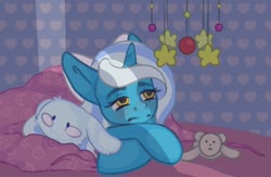 Size: 1280x837 | Tagged: safe, artist:macyw, oc, oc only, oc:fleurbelle, alicorn, pony, alicorn oc, bed, bedroom, bow, female, hair bow, horn, mare, mobile, plushie, teddy bear, thick eyebrows, yellow eyes