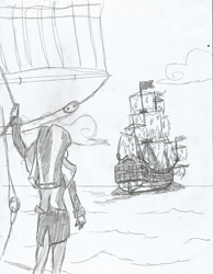 Size: 1696x2184 | Tagged: safe, artist:newman134, sunset shimmer, equestria girls, g4, female, ghost ship, pirate ship, solo, traditional art