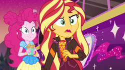 Size: 1920x1080 | Tagged: safe, screencap, pinkie pie, sunset shimmer, equestria girls, equestria girls series, g4, sunset's backstage pass!, spoiler:eqg series (season 2), churros, duo, female, food, geode of empathy, magical geodes, music festival outfit