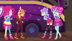 Size: 1920x1080 | Tagged: safe, screencap, kiwi lollipop, pinkie pie, sunset shimmer, supernova zap, equestria girls, equestria girls specials, g4, my little pony equestria girls: better together, my little pony equestria girls: sunset's backstage pass, arm behind back, bus, female, glare, hand on hip, high heels, k-lo, postcrush, raised eyebrow, rivalry, shoes, smiling, smirk, sneakers, su-z