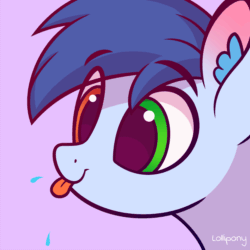Size: 2000x2000 | Tagged: safe, artist:lollipony, part of a set, oc, oc only, oc:slipstream, pegasus, pony, g4, animated, blue background, bust, commission, cute, ear fluff, eye clipping through hair, heterochromia, high res, male, portrait, raspberry noise, silly, silly pony, simple background, solo, spit, stallion, tongue out, ych result