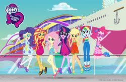 Size: 5100x3300 | Tagged: safe, applejack, fluttershy, pinkie pie, rainbow dash, rarity, sci-twi, sunset shimmer, twilight sparkle, equestria girls, equestria girls specials, g4, i'm on a yacht, my little pony equestria girls: better together, my little pony equestria girls: spring breakdown, official, armpits, arms in the air, baseball cap, cap, clothes, dress, equestria girls logo, feet, female, geode of empathy, geode of fauna, geode of shielding, geode of sugar bombs, geode of super speed, geode of super strength, geode of telekinesis, glasses, hairpin, hands in the air, hat, heart shaped glasses, humane five, humane seven, humane six, jumping, legs, magical geodes, midriff, open mouth, peace sign, sandals, shirt, shorts, skirt, sleeveless, sleeveless shirt, sunglasses, tomboy, wristband, yacht
