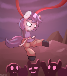 Size: 2000x2270 | Tagged: safe, artist:triplesevens, oc, oc:triple sevens, demon, pony, unicorn, clothes, colt, fight, foal, hell, high res, male, mountain, robes, smiling, struggling, tentacles