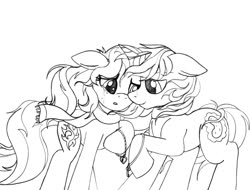 Size: 1039x790 | Tagged: safe, artist:blazelupine, sunset shimmer, oc, oc:pickles, pony, unicorn, g4, clothes, crying, duo, female, horn, locket, male, monochrome, scarf, simple background, sketch, traditional art, white background