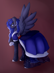 Size: 1500x2000 | Tagged: safe, artist:lionbun, oc, oc only, oc:moonlight, alicorn, pony, abstract background, clothes, commission, dress, elegant, ethereal mane, parent:princess luna, smiling, solo, spread wings, starry mane, wings