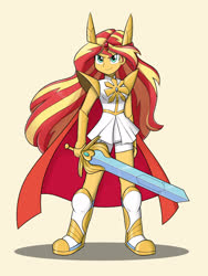 Size: 1200x1600 | Tagged: safe, artist:mew-me, sunset shimmer, equestria girls, g4, clothes, cosplay, costume, female, she-ra, she-ra and the princesses of power, solo, sword, weapon