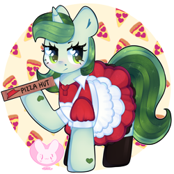 Size: 4000x4000 | Tagged: safe, oc, oc only, oc:olive martini, pony, unicorn, clothes, female, food, grumpy, heart eyes, maid, mare, meme, outfit, pizza, pizza hut, pizza hut maid dress, socks, solo, thigh highs, wingding eyes