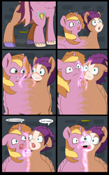 Size: 5000x8000 | Tagged: safe, artist:chedx, oc, oc only, oc:fast hooves, oc:home defence, oc:king speedy hooves, clydesdale, pegasus, pony, unicorn, comic:the fusion flashback, blushing, butt, comic, commissioner:bigonionbean, confused, confusion, conjoined, cutie mark, dialogue, fusion, fusion:big macintosh, fusion:flash sentry, fusion:shining armor, fusion:trouble shoes, magic, merge, merging, panicking, parent:big macintosh, parent:shining armor, plot, potion, swelling, swollen, writer:bigonionbean