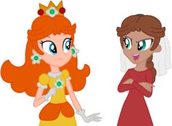 Size: 985x722 | Tagged: safe, artist:strassenlaterne, artist:user15432, human, equestria girls, g4, (mario) the music box, ancestor, barely eqg related, base used, clothes, crossed arms, crossover, crown, descendant, dorothy (mario the music box), dress, duo, ear piercing, earring, equestria girls style, equestria girls-ified, gloves, jewelry, looking at each other, non-mlp oc, open mouth, piercing, princess daisy, regalia, super mario bros., witch