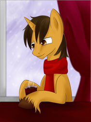 Size: 1920x2560 | Tagged: safe, artist:weird--fish, oc, oc only, pony, clothes, coffee, cup, melancholy, sadness, scarf, solo