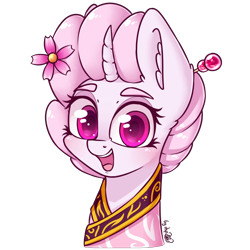 Size: 3072x3072 | Tagged: safe, artist:dsp2003, oc, oc:sakuragi-san, pony, unicorn, bust, clothes, curved horn, female, flower, flower in hair, high res, horn, kanzashi, looking at you, mare, open mouth, portrait, signature, simple background, transparent background, vaguely asian robe