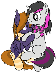 Size: 2066x2719 | Tagged: safe, artist:djdavid98, oc, oc only, oc:lunar-rose, oc:shining silverdiamond, bat pony, pony, unicorn, clothes, commission, fangs, high angle, high res, holding hooves, looking at each other, nuzzling, on side, scarf, simple background, snuggling, socks, striped socks, transparent background