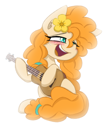 Size: 1953x2232 | Tagged: safe, artist:nekro-led, pear butter, earth pony, pony, g4, blurry background, cute, flower, flower in hair, guitar, musical instrument, open mouth, shading, simple background, sitting, white background