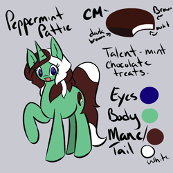Size: 1000x1000 | Tagged: safe, artist:kaggy009, oc, oc only, oc:peppermint pattie (unicorn), pony, unicorn, ask peppermint pattie, female, mare, reference sheet, solo