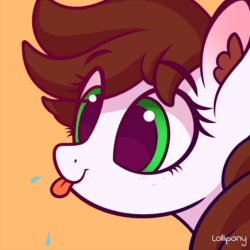 Size: 2000x2000 | Tagged: safe, artist:lollipony, part of a set, oc, oc only, oc:graph travel, pegasus, pony, g4, :p, animated, bust, commission, cute, ear fluff, eye shimmer, female, freckles, high res, mare, ocbetes, raspberry, raspberry noise, silly, silly pony, simple background, solo, spit, spittle, tongue out, ych result