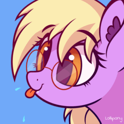 Size: 2000x2000 | Tagged: safe, artist:lollipony, part of a set, oc, oc only, oc:pinkfull night, bat pony, pony, g4, :p, animated, bat pony oc, bust, commission, cute, ear fluff, eye shimmer, fangs, female, glasses, high res, meganekko, ocbetes, raspberry, raspberry noise, round glasses, silly, silly pony, simple background, solo, spit, spittle, teenager, tongue out, ych result