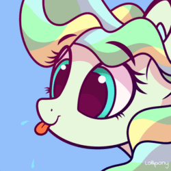 Size: 670x670 | Tagged: safe, artist:lollipony, part of a set, vapor trail, pegasus, pony, g4, :p, animated, blue background, bust, cute, ear fluff, female, gif, mare, portrait, raspberry, raspberry noise, silly, silly pony, simple background, solo, spit, tongue out, vaporbetes