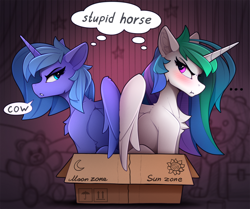 Size: 2100x1757 | Tagged: safe, artist:yakovlev-vad, princess celestia, princess luna, alicorn, pony, g4, ..., :t, acting like a mare, angry, back to back, blushing, box, cardboard box, chest fluff, duo, duo female, female, if i fits i sits, looking at each other, looking back, mare, pony in a box, pouting, royal sisters, s1 luna, sibling rivalry, siblings, sisters, slender, speech bubble, sternocleidomastoid, thin, this side up, thought bubble