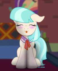 Size: 600x736 | Tagged: safe, artist:bastbrushie, part of a set, coco pommel, earth pony, pony, g4, :3, :p, animated, bastbrushie is trying to kill us, carpet, chest fluff, cocobetes, cute, daaaaaaaaaaaw, dancing, eyes closed, female, gif, happy, hnnng, mare, raspberry, sitting, solo, table, tongue out, weapons-grade cute