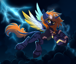 Size: 3333x2802 | Tagged: safe, artist:airiniblock, oc, oc only, alicorn, pony, alicorn oc, cloud, colored wings, commission, dark clouds, dark sky, ear tufts, high res, horn, leonine tail, lightning, multicolored wings, solo, stripes, wings