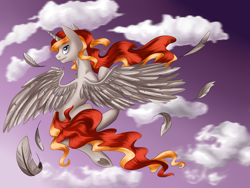 Size: 3072x2304 | Tagged: safe, artist:weird--fish, oc, oc only, oc:prince mars, alicorn, pony, alicorn oc, cloud, feather, high res, horn, male, sky, solo, wings