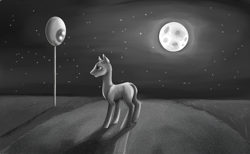 Size: 3000x1850 | Tagged: safe, artist:weird--fish, pony, lonely, monochrome, moon, night, solo