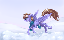 Size: 2448x1536 | Tagged: safe, artist:weird--fish, oc, oc only, pegasus, pony, clothes, contest entry, floppy ears, glasses, male, profile, scarf, snow, solo, stallion, trotting, winter