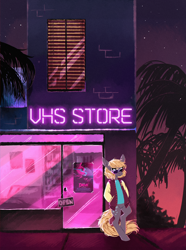Size: 1600x2154 | Tagged: safe, artist:weird--fish, derpy hooves, earth pony, semi-anthro, g4, bipedal, city, clothes, female, hand in pocket, hotline miami, mare, miami, night, palm tree, retrowave, solo, store, sunglasses, tree, vhs