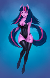 Size: 1594x2511 | Tagged: safe, artist:ketlimur, twilight sparkle, alicorn, anthro, unguligrade anthro, g4, clothes, female, leotard, looking at you, mare, solo, stockings, thigh highs